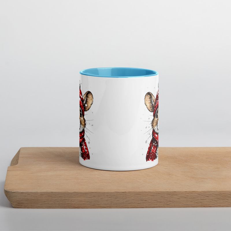 White Ceramic Mug with Color Inside, 11&amp;15oz, Mouse wearing red winter hat and scarf in snow, xg8dl3