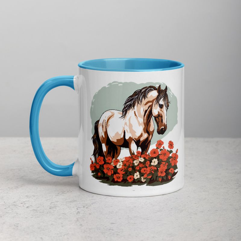 White Ceramic Mug with Color Inside, 11&amp;15oz, Brown horse in field of red flowers, n4w2fj