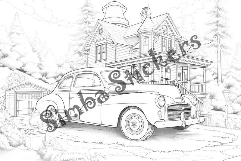 Colouring pages, bundle of houses with car in front, 10 images