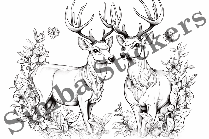 Colouring pages, bundle of deer in love, 10 images