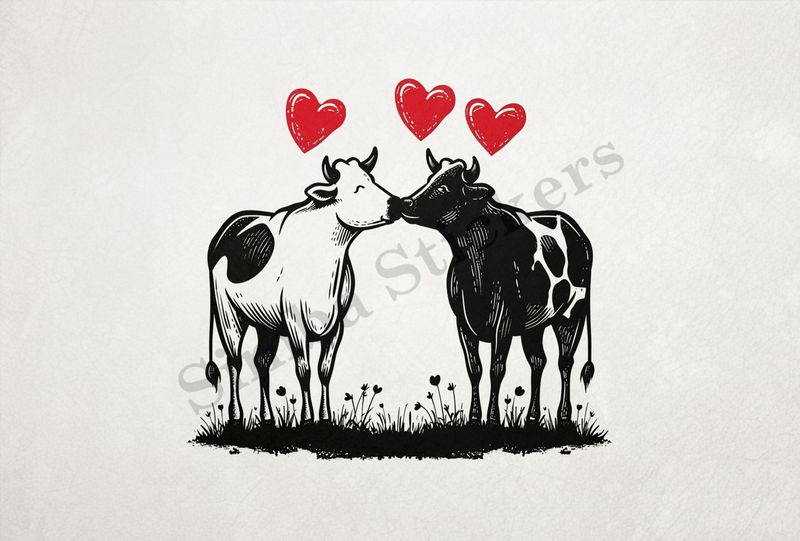 Cattle, bull and cow in love, both black and white  , outline art