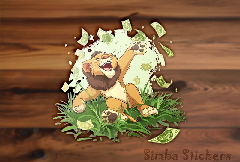 Simba Lion cub happily throwing up money in green grass