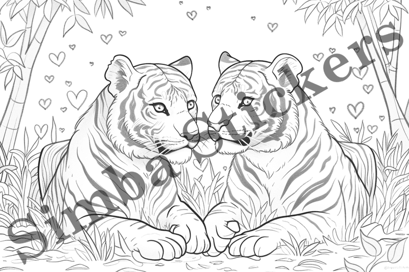 Colouring pages, bundle of tigers in love, 10 images