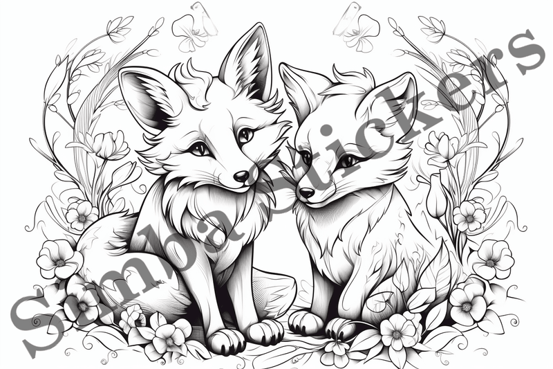 Colouring pages, Bundle of foxes in love, 10 images