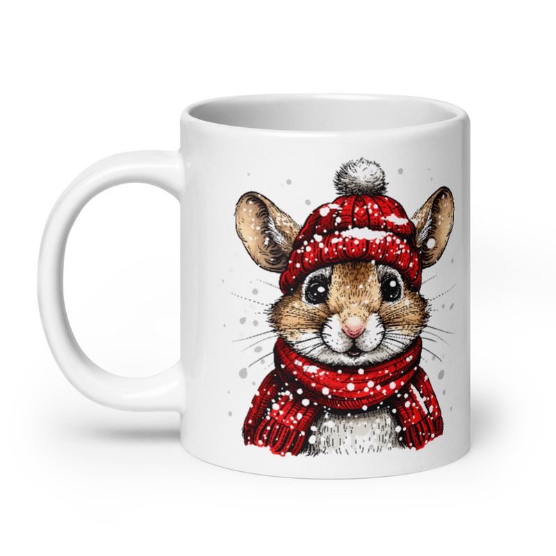 White Glossy Mug, 20oz, Mouse wearing red winter hat and scarf in the snow, xg8dl3