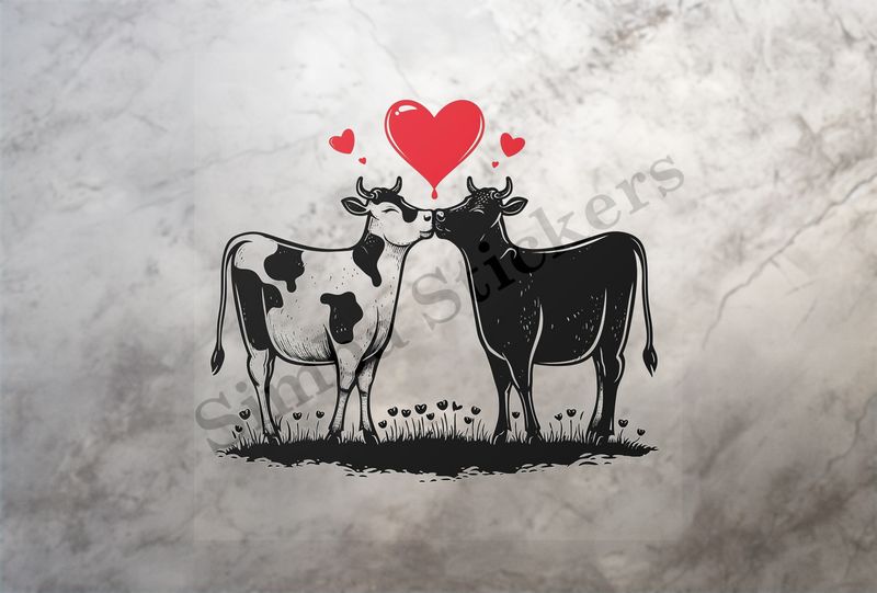 Cattle, bull and cow in love, hearts in picture, outline art