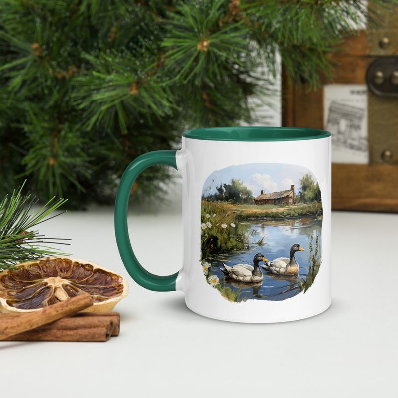 White Ceramic Mug with Color Inside, 11 &amp;15oz, Ducks in love swimming in farmhouse pond 