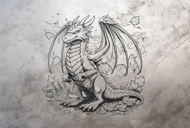 Dragon standing upright, in forestry outline art