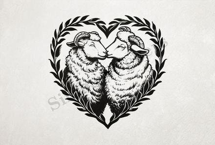 Sheep in love, in hear-shaped wreath, outline art