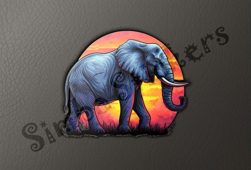 Elephant walking in front of sunset, watercolour