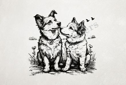 Dogs in love in the countryside, outline art, pms3lj