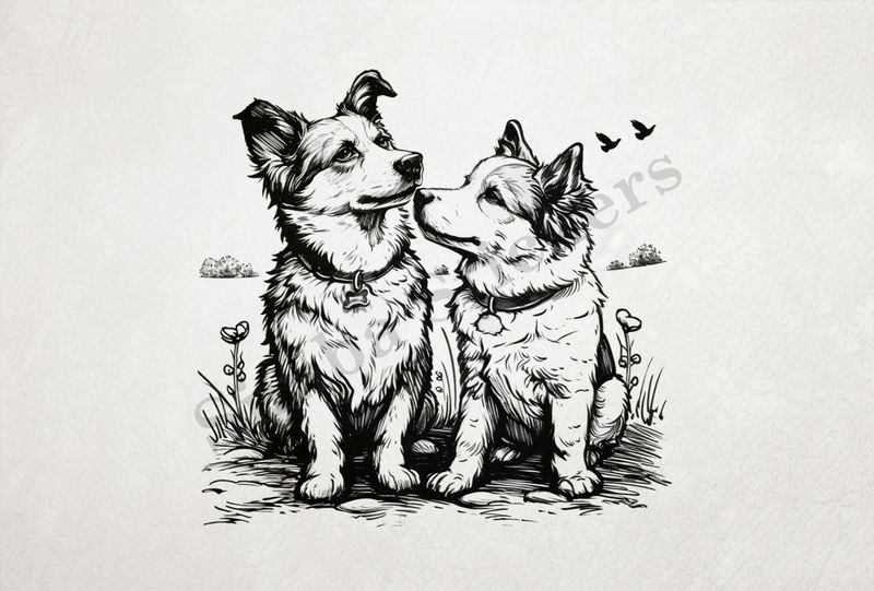 Dogs in love in the countryside, outline art, pms3lj