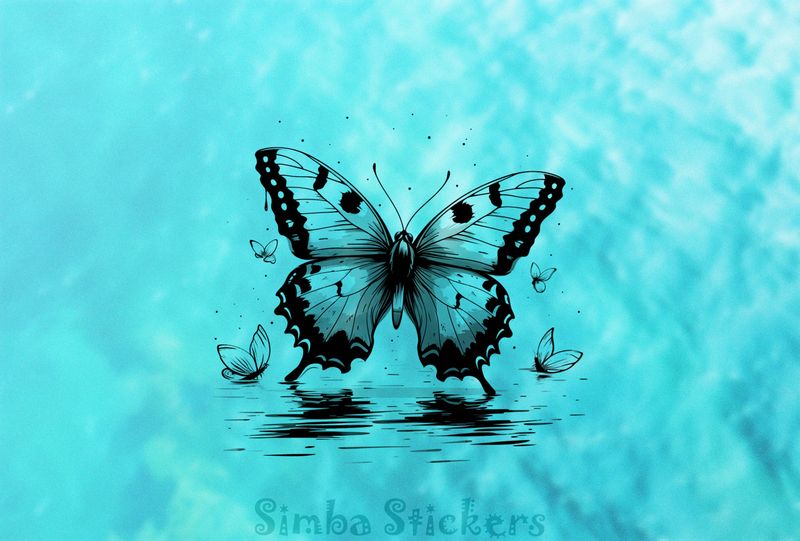 Butterfly floating above a river, outline art, nfoo3h