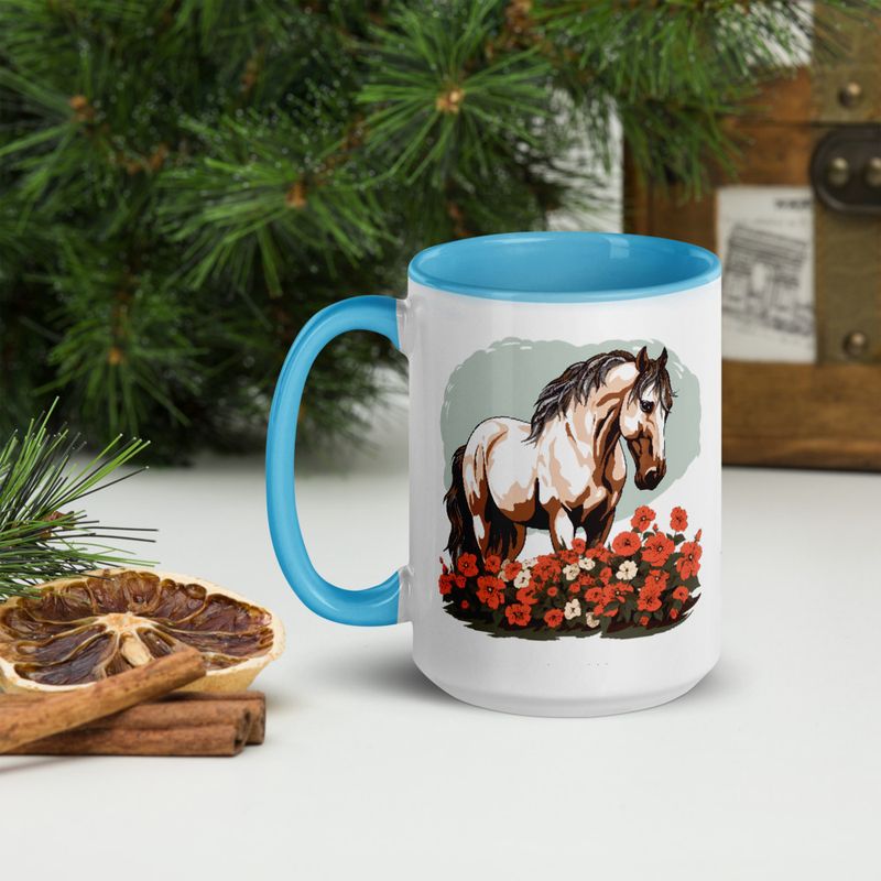 White Ceramic Mug with Color Inside, 11&amp;15oz, Brown horse in field of red flowers, n4w2fj