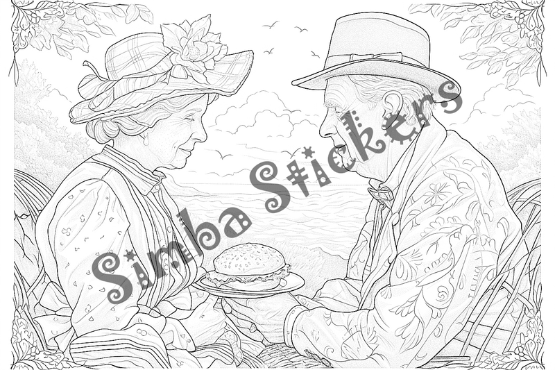 Colouring pages, bundle of people, grandparents in love at picnic, 25 images