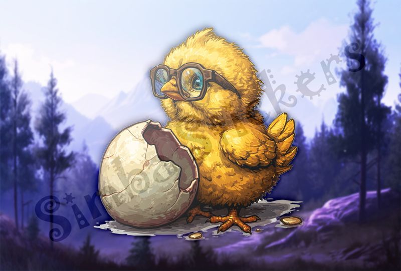 Chick in glasses standing next to mostly intact egg