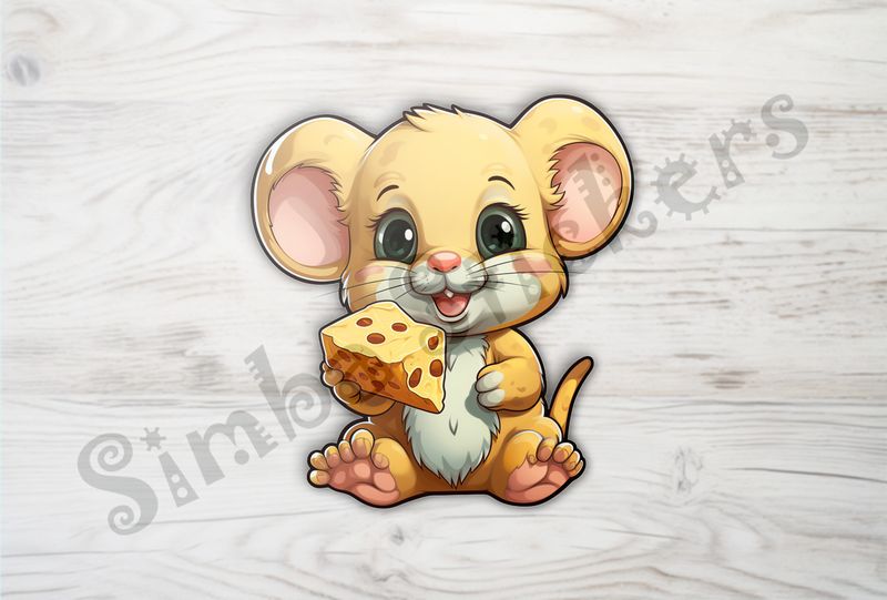 Baby Mouse showing off large piece of chesse while smiling