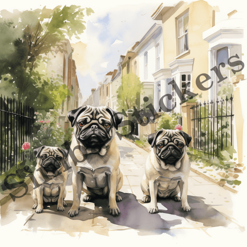 Pug dogs outdoors, image set, 10 images