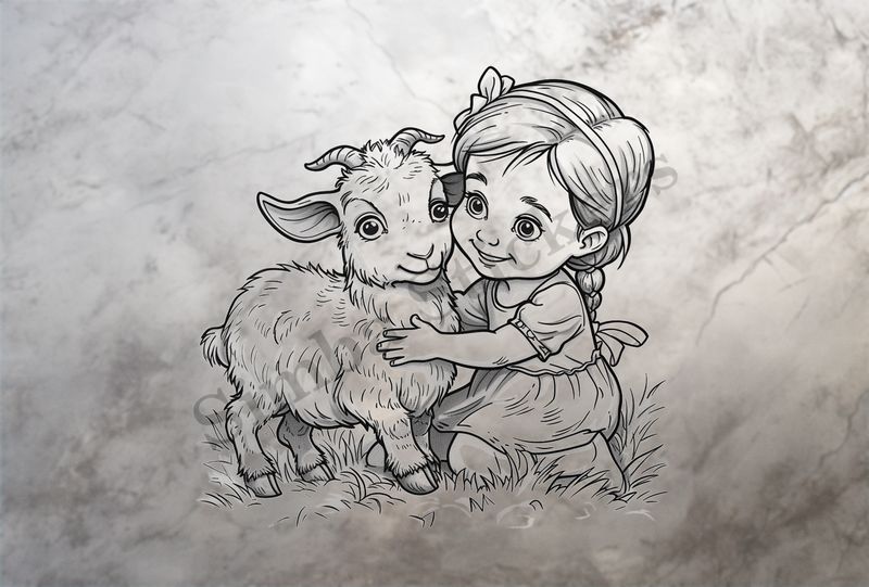 Goat kid hugged by small girl with braided hair and bow, outline art