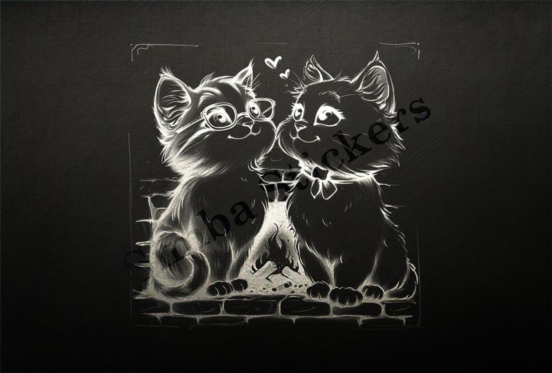 Cats, one in glasses, by the fireplace, outline art
