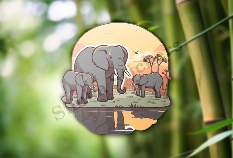 African elephant family at a pond in the Savanna