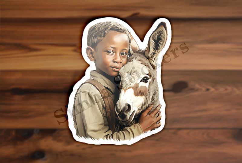 Donkey hugged by small child of African origin