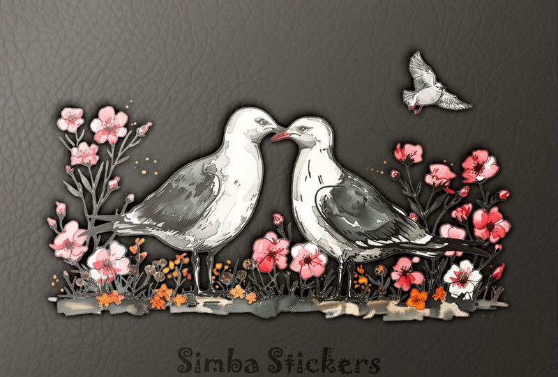 Seagulls in love beak-to-beak among colourful flowers, watercolour, zl4mlq