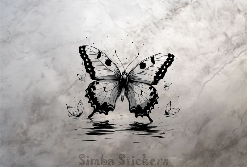 Butterfly floating above a river, outline art, nfoo3h