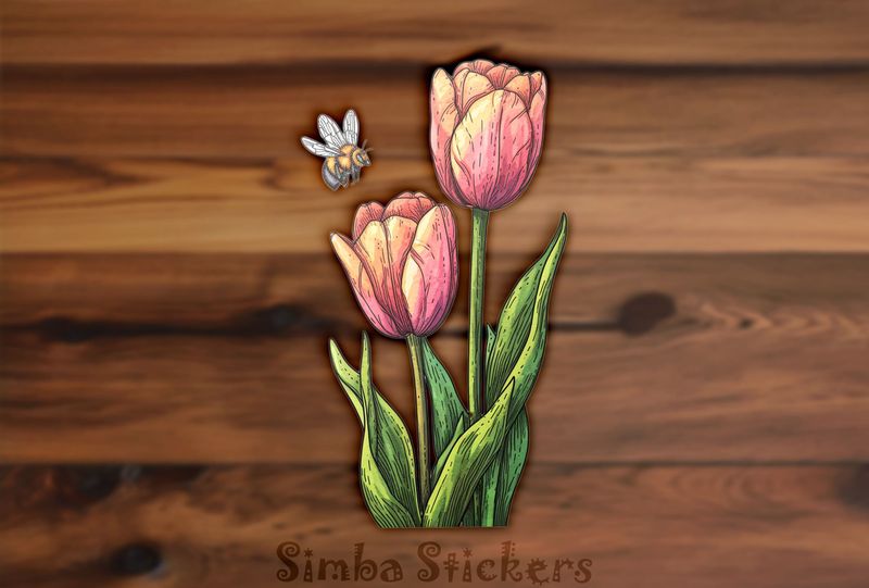 Bees flying above tulip flowers, watercolour