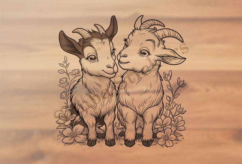 Goat kids in love, with flowers, outline art