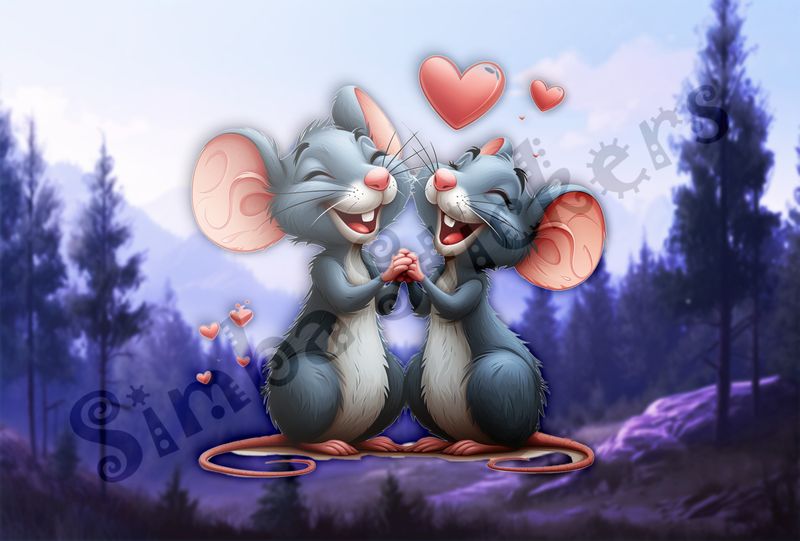 Mice laughing while holding hands, Valentine&#x27;s hearts above