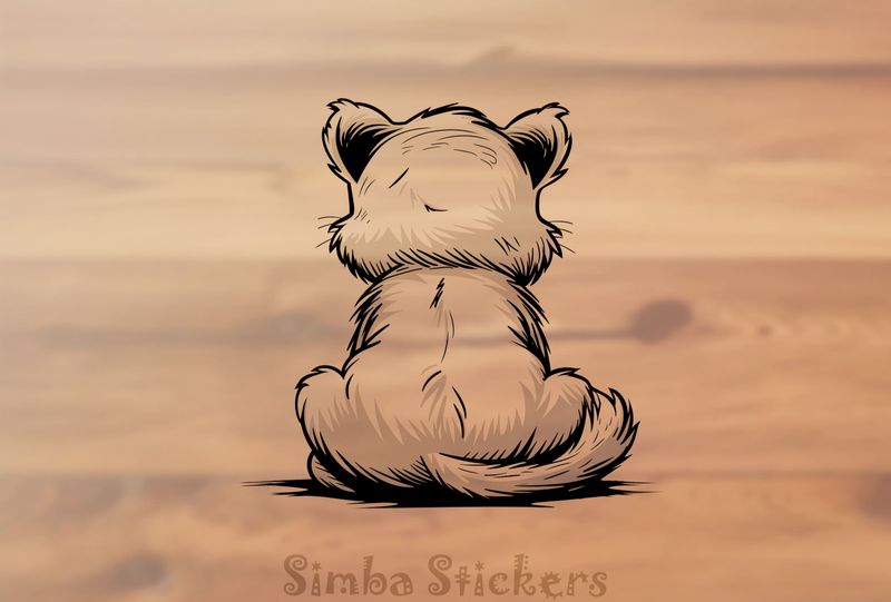 Lion cub sitting down, from the back, outline art, r0e5aj
