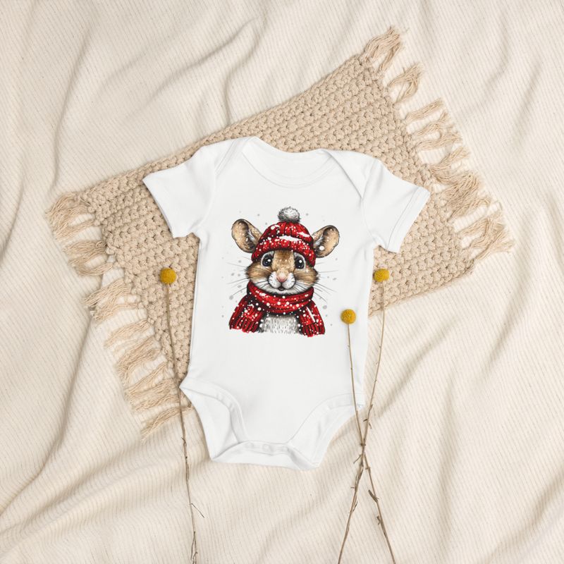 Organic Cotton Baby Bodysuit, 3-18 months, Mouse wearing red winter hat and scarf in the snow,xg8dl3