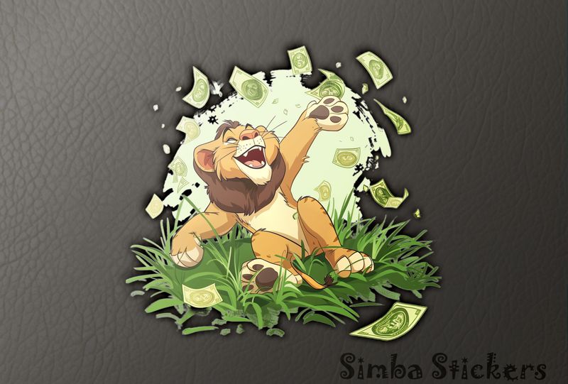 Simba Lion cub happily throwing up money in green grass