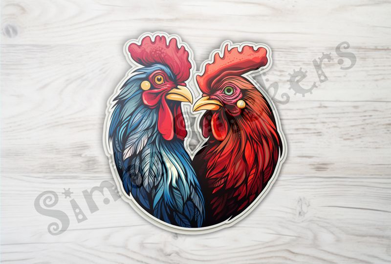 Cock and hen beak-to-beak in love, watercolour