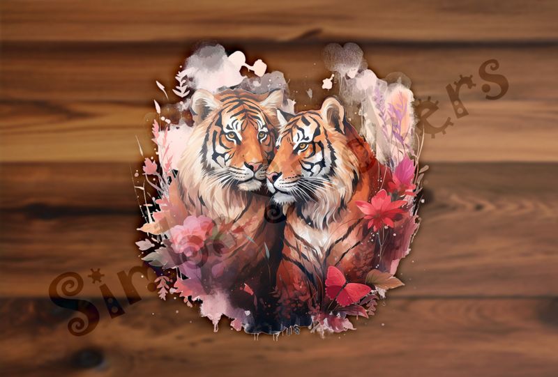 Tigers in love in reddish flowers and butterfly, watercolour