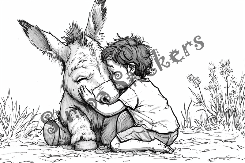 Colouring pages, bundle of donkeys with children, 10 images