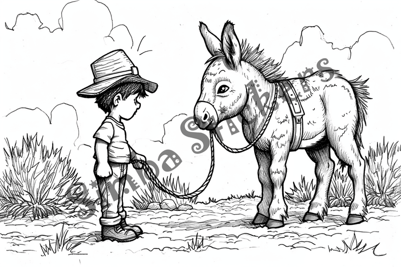 Colouring pages, bundle of donkeys carrying goods or people 10 images