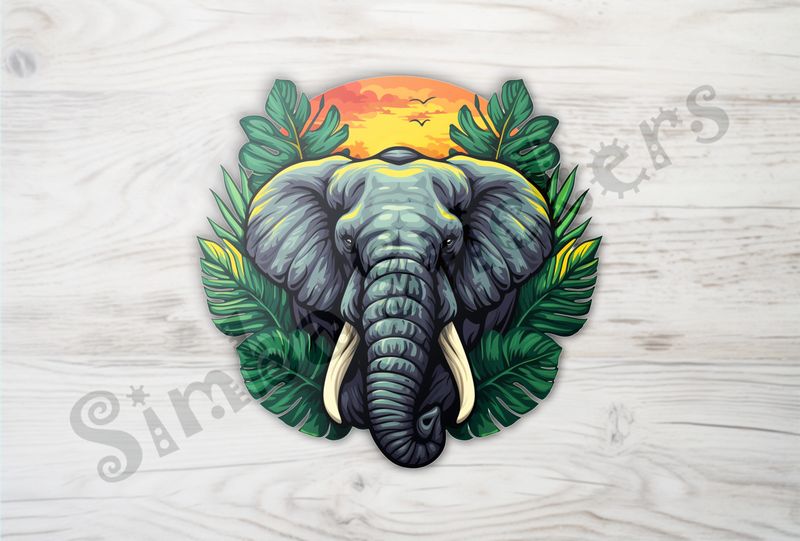 Elephant emerging from green leaves in front of golden sunset