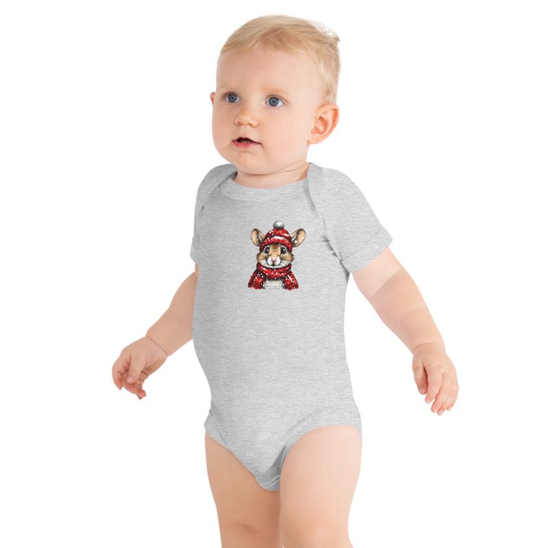 Baby Short Sleeve One Piece, 3-24 Months, Mouse wearing red winter hat and scarf, xg8dl3, left chest