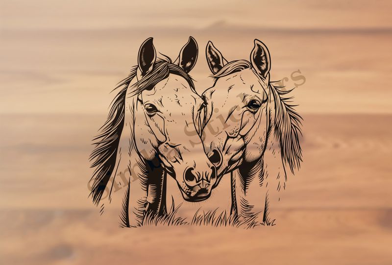 Horses nose-to-nose, black and white, bust outline art