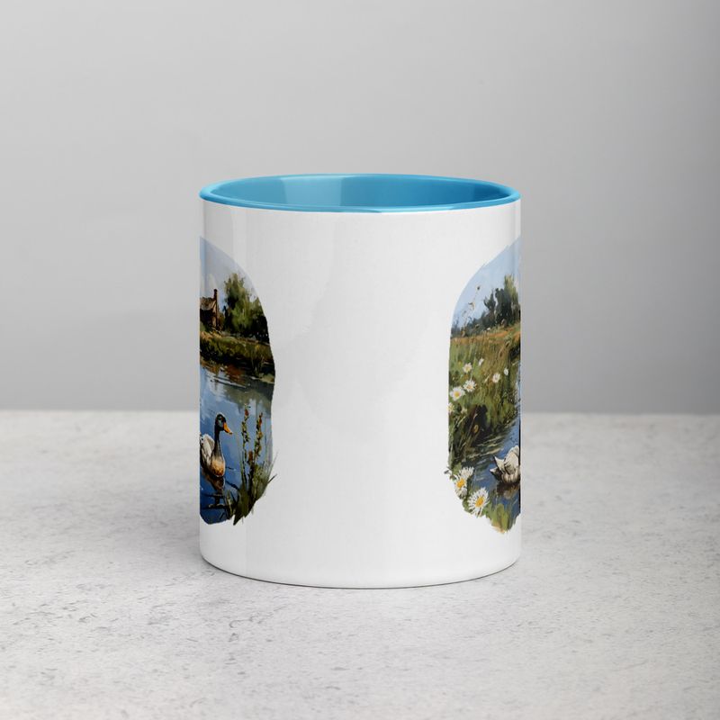 White Ceramic Mug with Color Inside, 11 &amp;15oz, Ducks in love swimming in farmhouse pond 