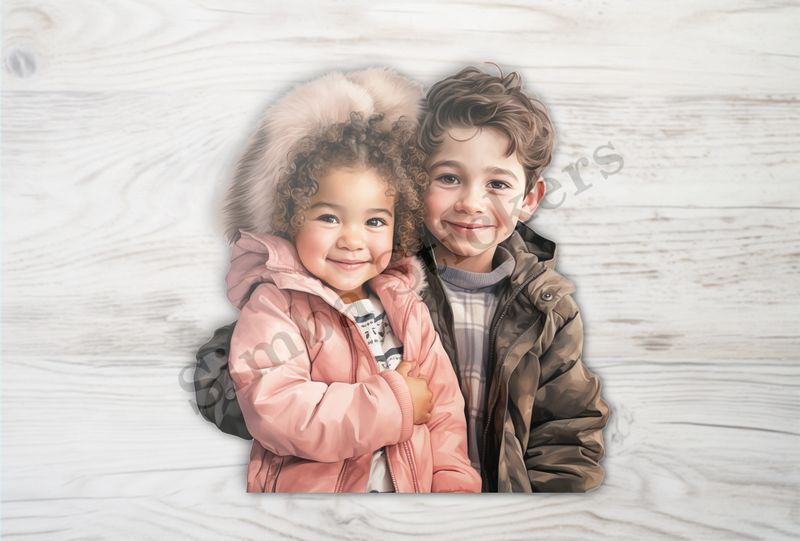 Girl in pink jacket  held by boy 
