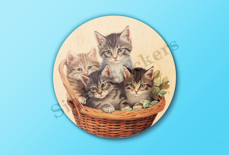 Four kittens in a basket, vintage watercolour