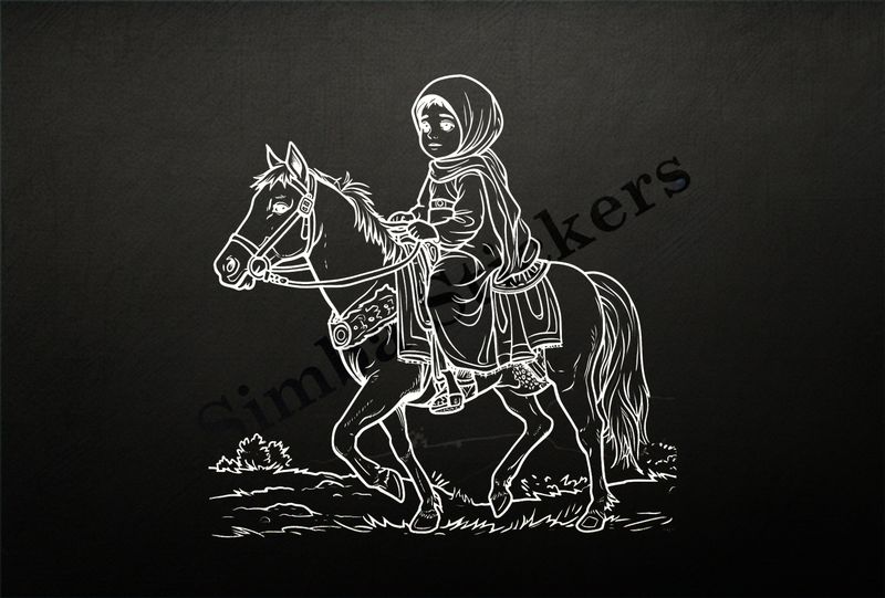Horse being petted by a small veiled Mediterranean girl, outline art