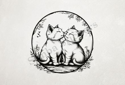 Cats in love, in circle, outline art