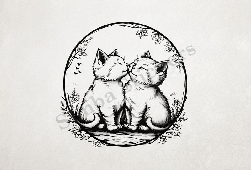 Cats in love, in circle, outline art