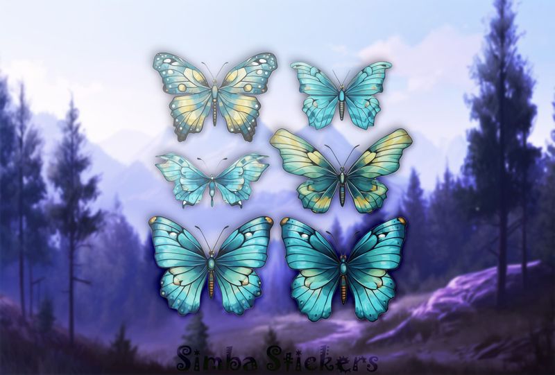 Multiple greenish butterflies, watercolour, knsixw