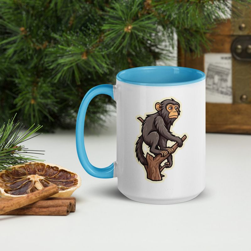 White Ceramic Mug with Color Inside, 11oz &amp; 15oz, Baboon on a tree, looking sad, head-to-head