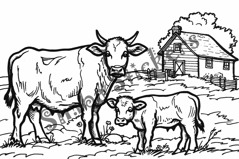 Colouring pages, bundle of cattle on beautiful farm, 10 images